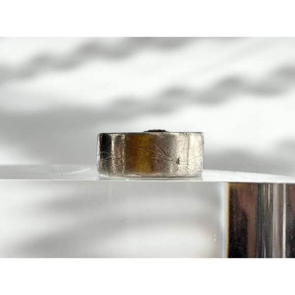 Jasper Gemstone Straight Banded Carved Pewter Statement Vintage Ring - sz 11 - Picture 5 of 13